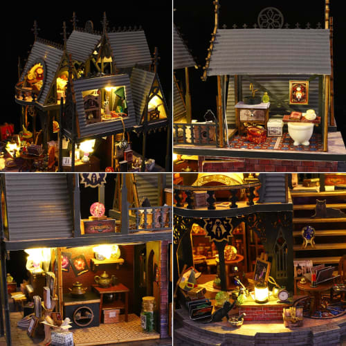 Spilay DIY Wooden Dollhouse Model Castle Building Scenery, Miniature Dollhouse DIY Kit Set for Beginners - (Magic House) + LED Light, Dustproof Cover