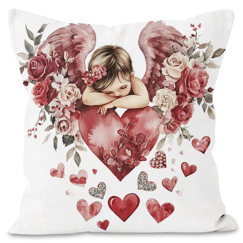 Valentine's Day Angel Print Home Decor Pillowcase Bedroom Living Room Sofa Decoration Polyester Cushion Cover with Zipper