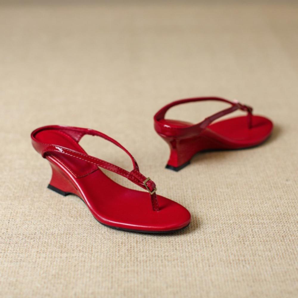 Damen Pantoffeln Sommer Außen Neu Keilabsatz Flip-Flops Damen Leder Retro Zehensandalen Damen Hohe Absätze Pantoffeln 6cm