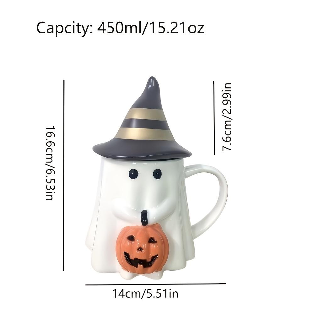 1ks 450ml/15oz Halloweenský keramický hrnek na kávu s 3D roztomilým dýňovým designem, novinkový hrnek s duchem s rozkošným dýňovým obličejem a kloboukem