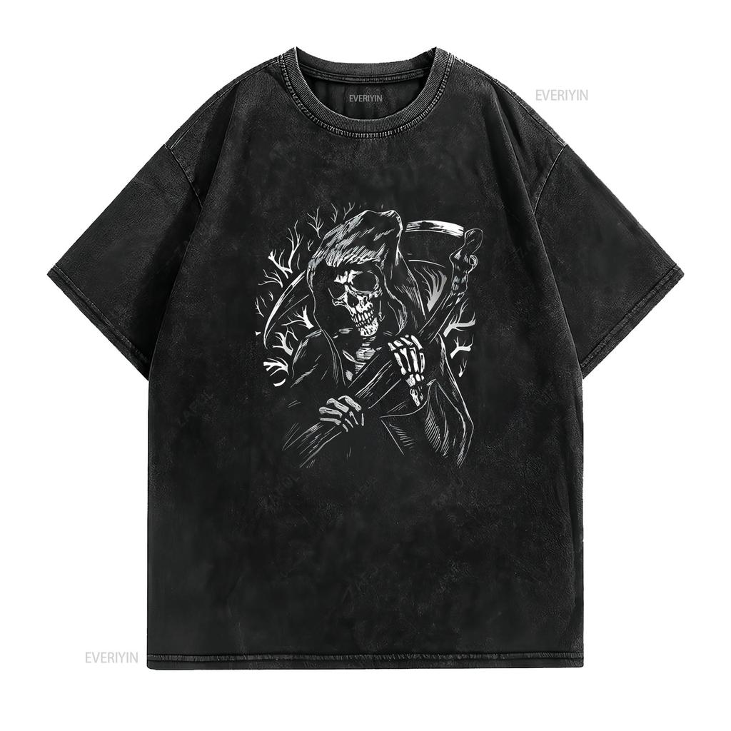 Womens T Shirt Cool Grim Reaper Black 2XL vintage Washed streetwear fashion Breathable Slightly Comfortable Casual Soft
