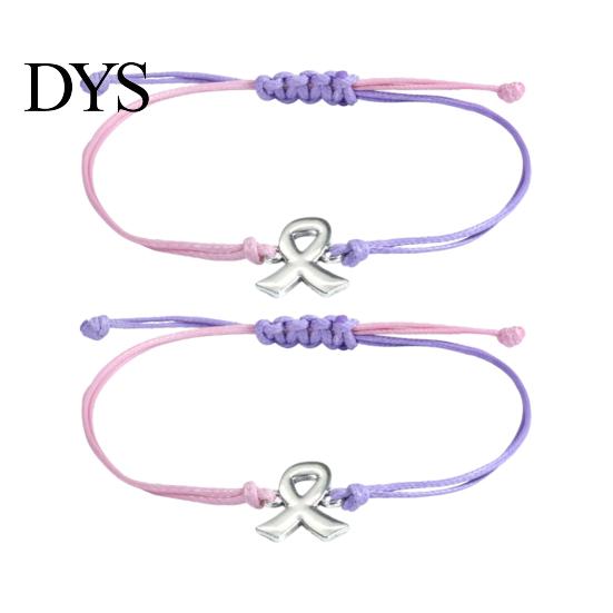 Stackable Wrist Accessories 2 Pcs Breast Cancer Awareness Bracelets, Adjustable Braided String Soft Woven Rope Jewelry Bracelets with Ribbon