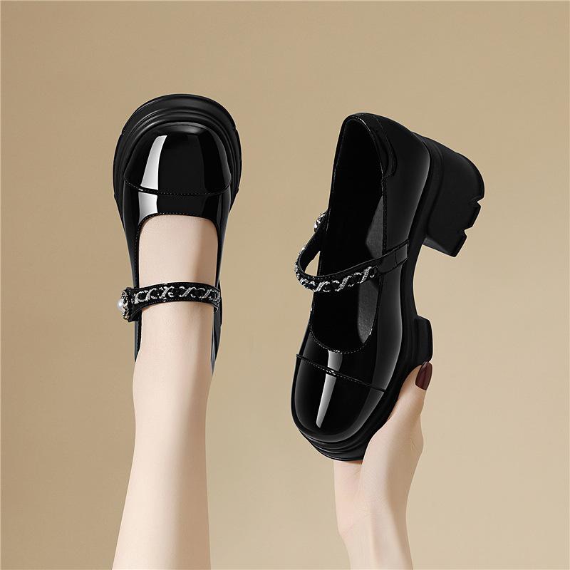 Coarse Heel Hot Diamond with Women's Single Shoes, Spring New Thick-soled French Small Fragrance