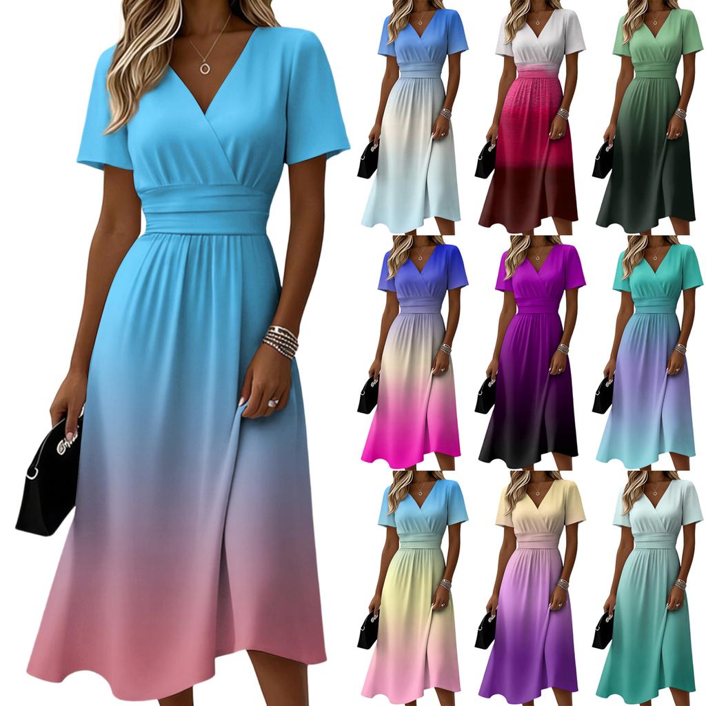 Damen-Farbverlauf Lässiges Mode-Kurzarm-V-Ausschnitt-Kleid