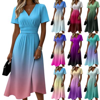 Damen-Farbverlauf Lässiges Mode-Kurzarm-V-Ausschnitt-Kleid