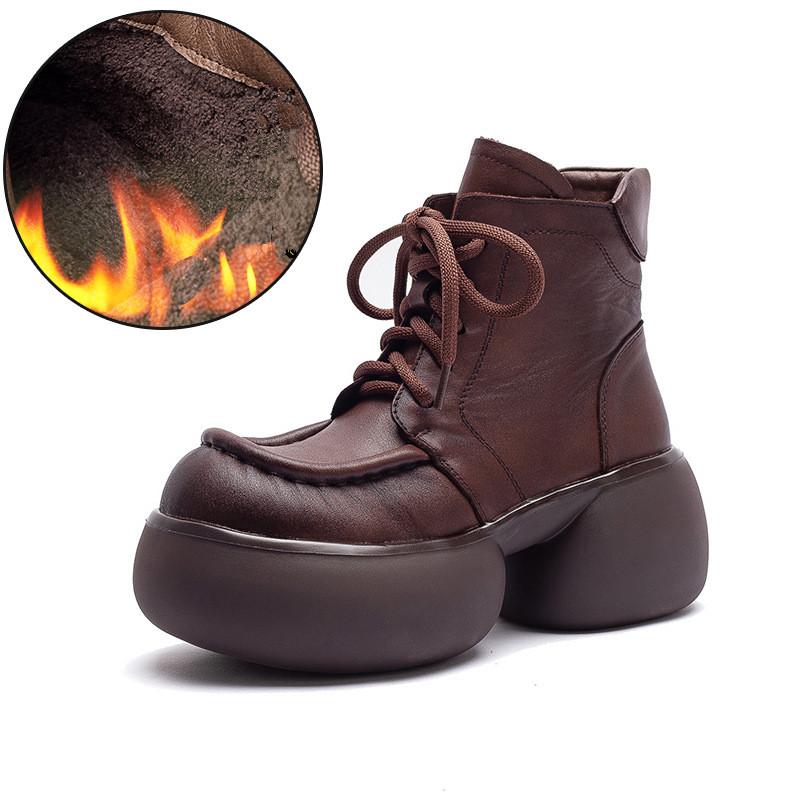 

Johnature Genuine Leather British Style Retro Thick Soled Plush Short Boots Versatile Women s Platform Shoes 40-Plush кофейный