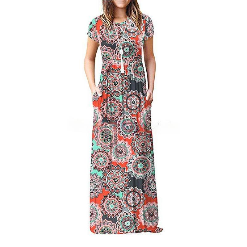 Women's Fashion Summer Spring Flower Pattern Print Short Sleeve O-Neck Casual Dresses