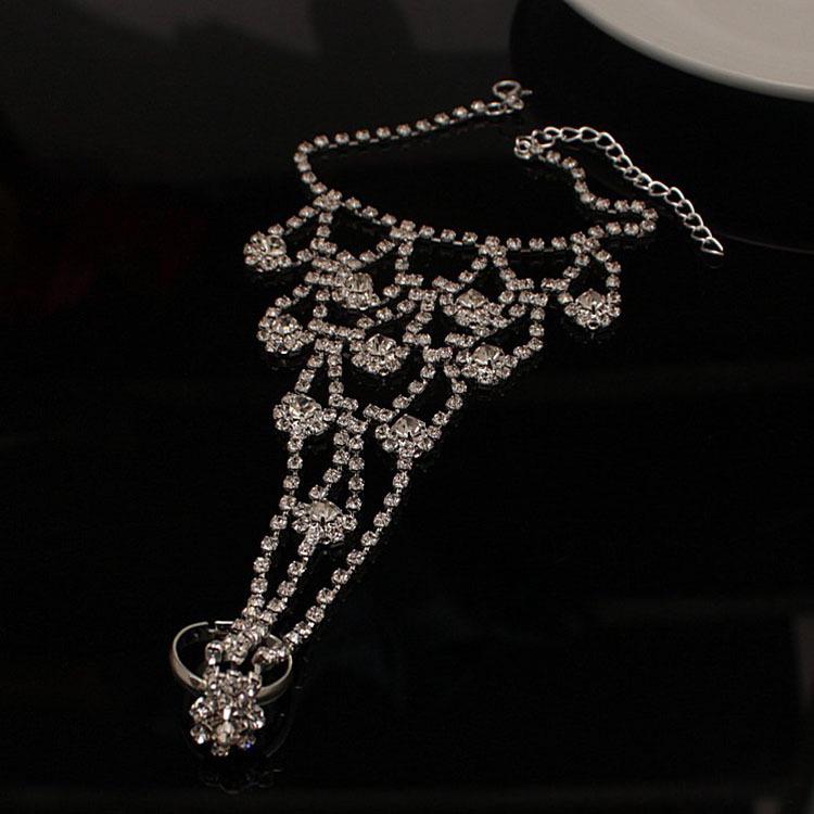 European & American Bridal Beach Rhinestone Anklet with Finger Connection