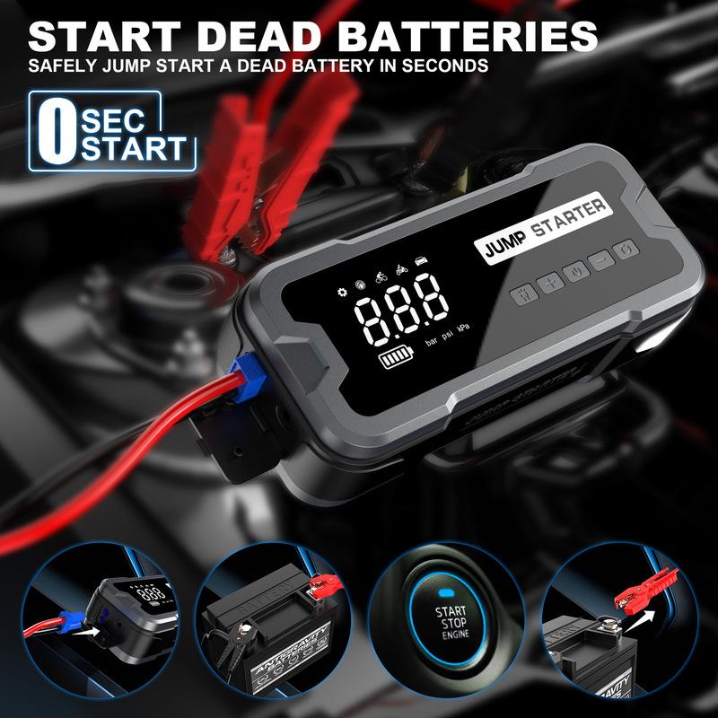 10000mAh 2000A Peak Car Jump Starter Air Compressor 4 In 1 Emergency Flashlight Portable Power Bank for Gas & Diesel Vehicles
