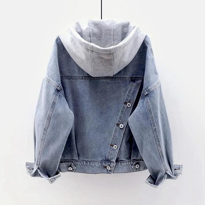Spring Plus Size Blue Deconstructable Hooded Turn Down Collar Jean Coat Jacket Women Loose Outwear