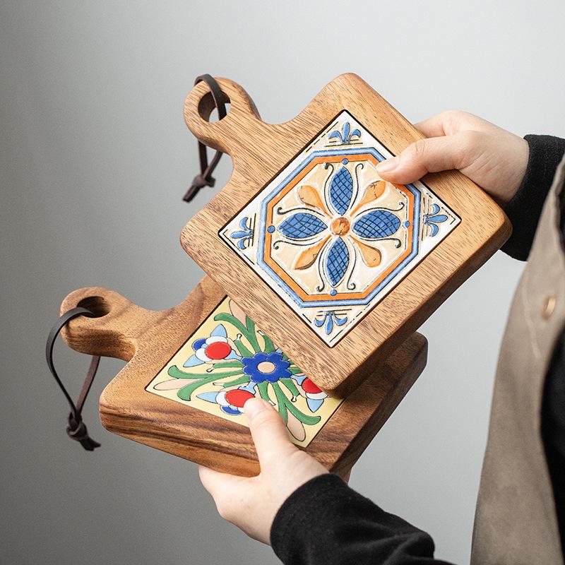 HeMu Vintage tile pot mat Solid wood home dining mat insulation mat casserole mat Heat resistant kitchen table mat pot mat