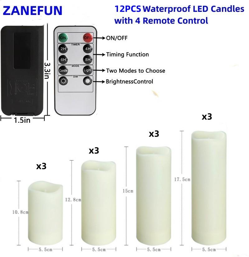 12-Pack Flameless Waterproof LED Candles with Remote Control for Home and Special Occasions (Four Sizes)