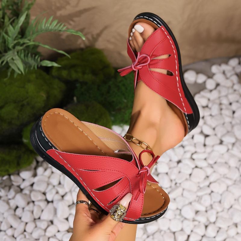 

New summer fish mouth slippers large size bow flat bottom slope heel shake line hollow cool slippers 36 красный