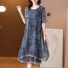 Summer Women Printed Dress Ice Silk Mesh Plus Size Midi Floral Dress