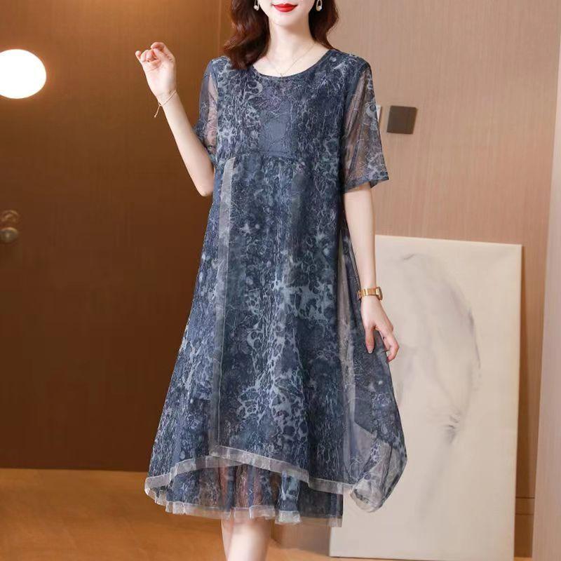 Summer Women Printed Dress Ice Silk Mesh Plus Size Midi Floral Dress