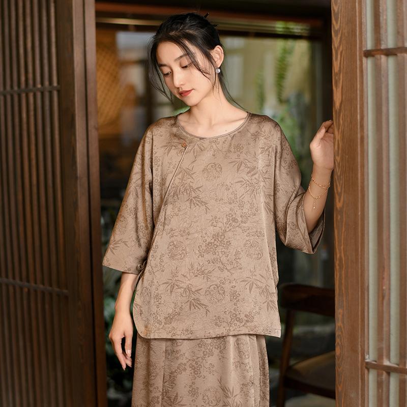 

Johnature Женские винтажные жаккардовые футболки с круглым вырезом и семью рукавами, весенние женские мягкие футболки высокого качества высокого качества XXL кофейный