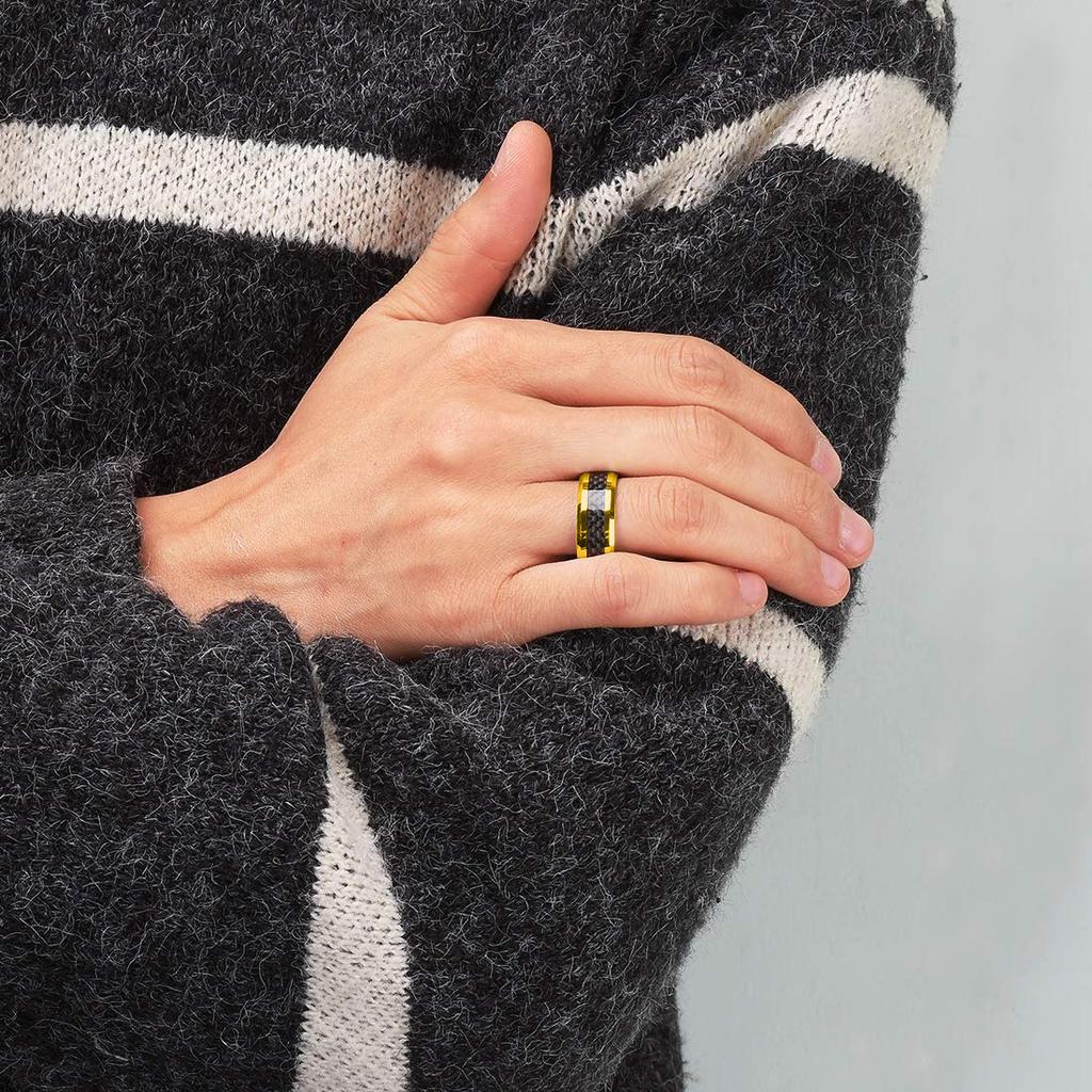 Simple 8MM Men Gold Color Stainless Steel Rings Black Carbon Fiber Matte Finish Engagement Ring For Men Wedding Band Jewelry