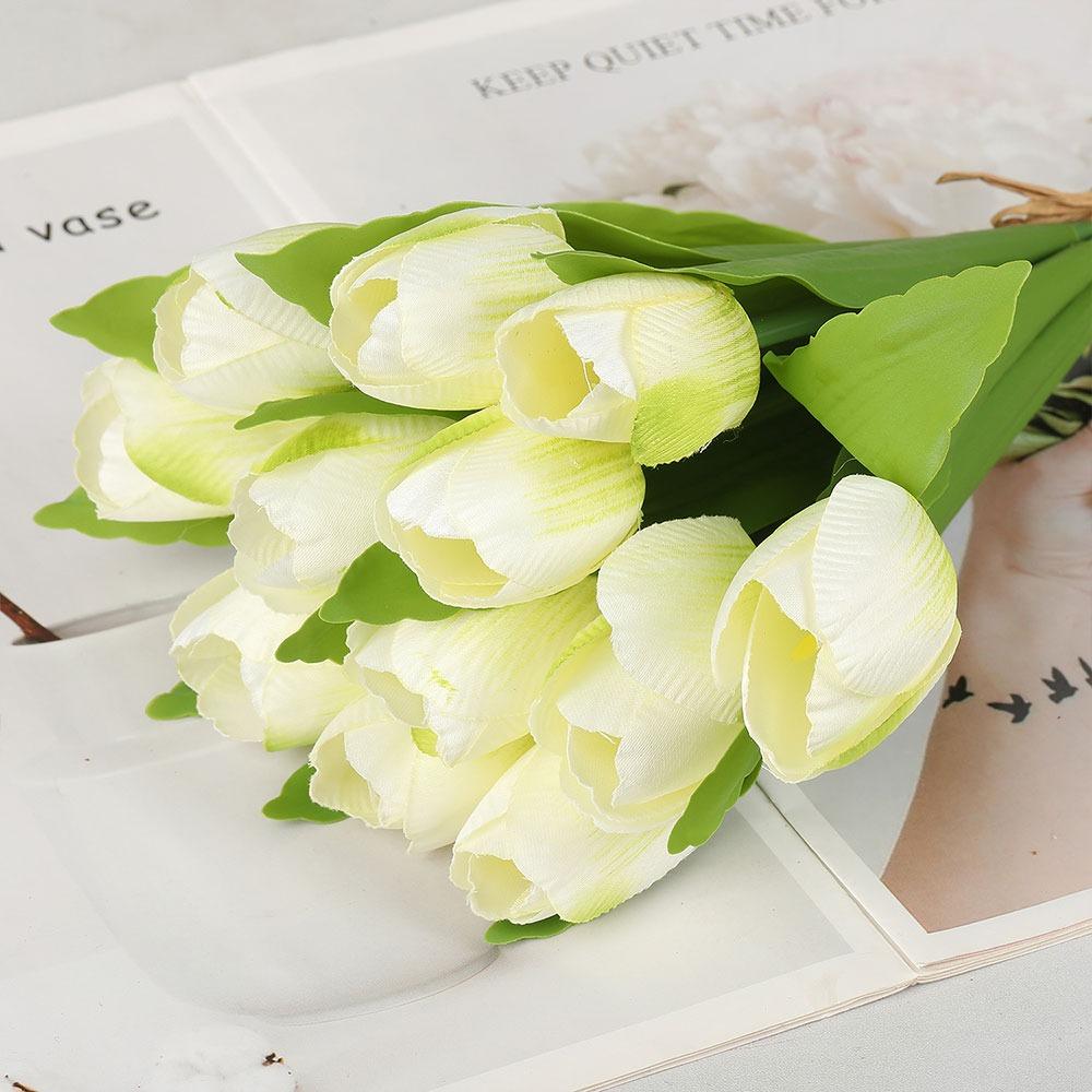 

12 Heads Tulip Artificial Flower Green Leaves Silk Petals Simulation Tulip Flower DIY Photo Props Faux Flower Desktop Ornament білий