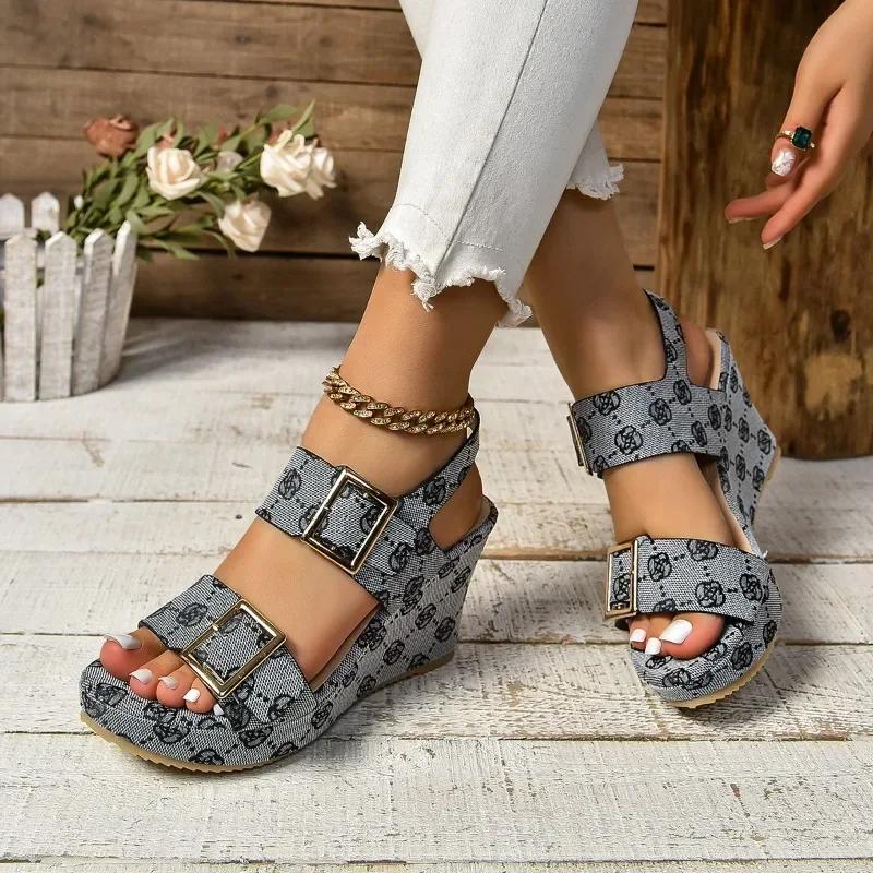 

Fashion Women s High Heel Wedge Double Buckle Open Toe Sandals 2024 Fashion Buckle Multi Color Women s Flat Shoes Heels Womens Sandals 41 темно-синий