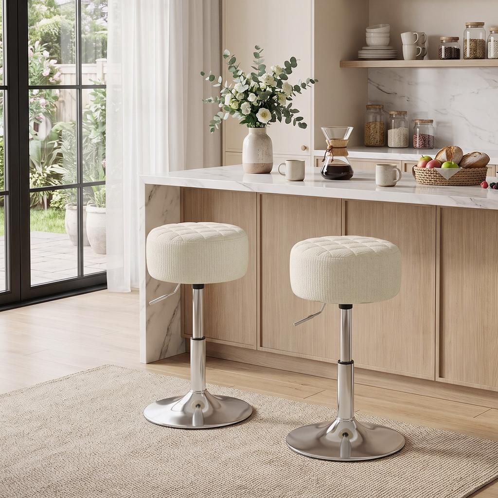 Chenille Dressing Stool, Swivel Makeup Stool, Height-Adjustable, 51-66 cm, Cream