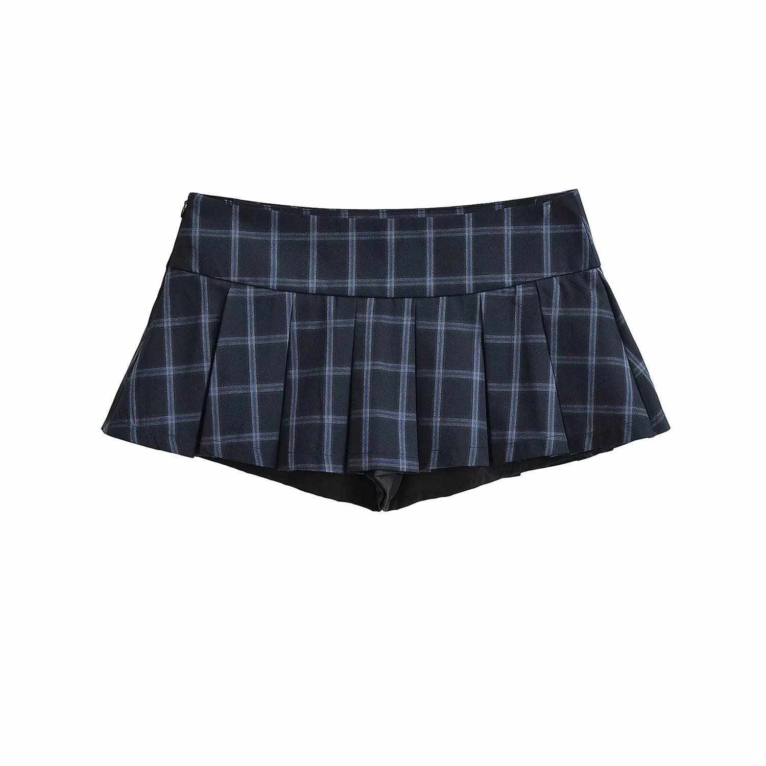 

American Retro Blue Plaid Low-Waisted Pleated Mini Skirt for Women L