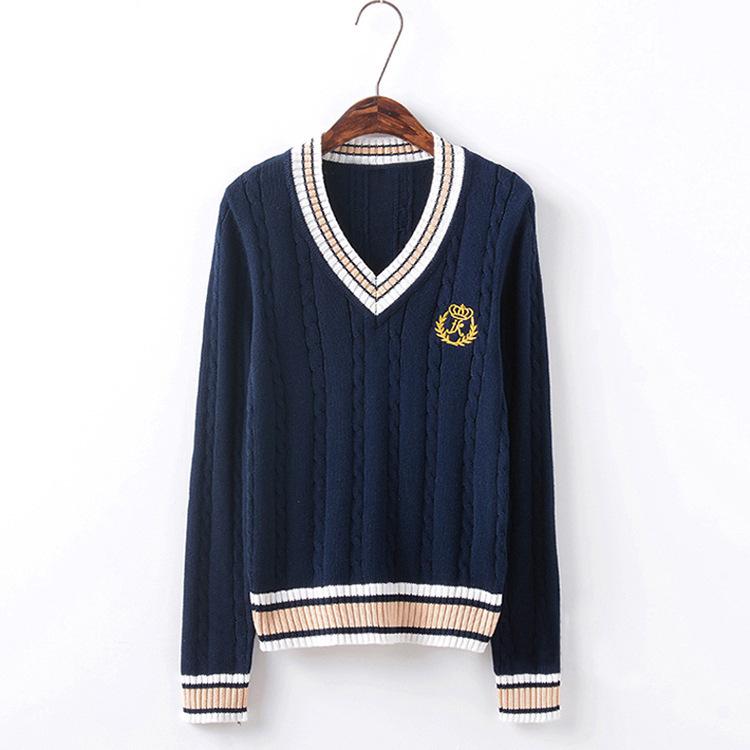 

Japanese Academy Style V-Neck Cable Knit Women s Sweater Cardigan for Autumn/Winter S темно-синий