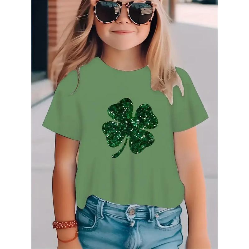 Fashionable Simple Fresh Four Leaf Clover Pattern Girls' Round Neck Pullover Short Sleeved Shirt
