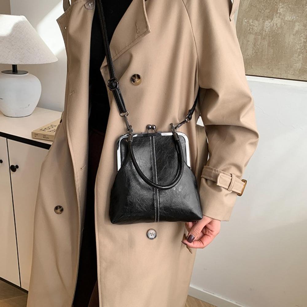 

PU Leather Kiss Lock Shoulder Bag Large Capacity Vintage Women s Handbag Lady/Girls коричневий