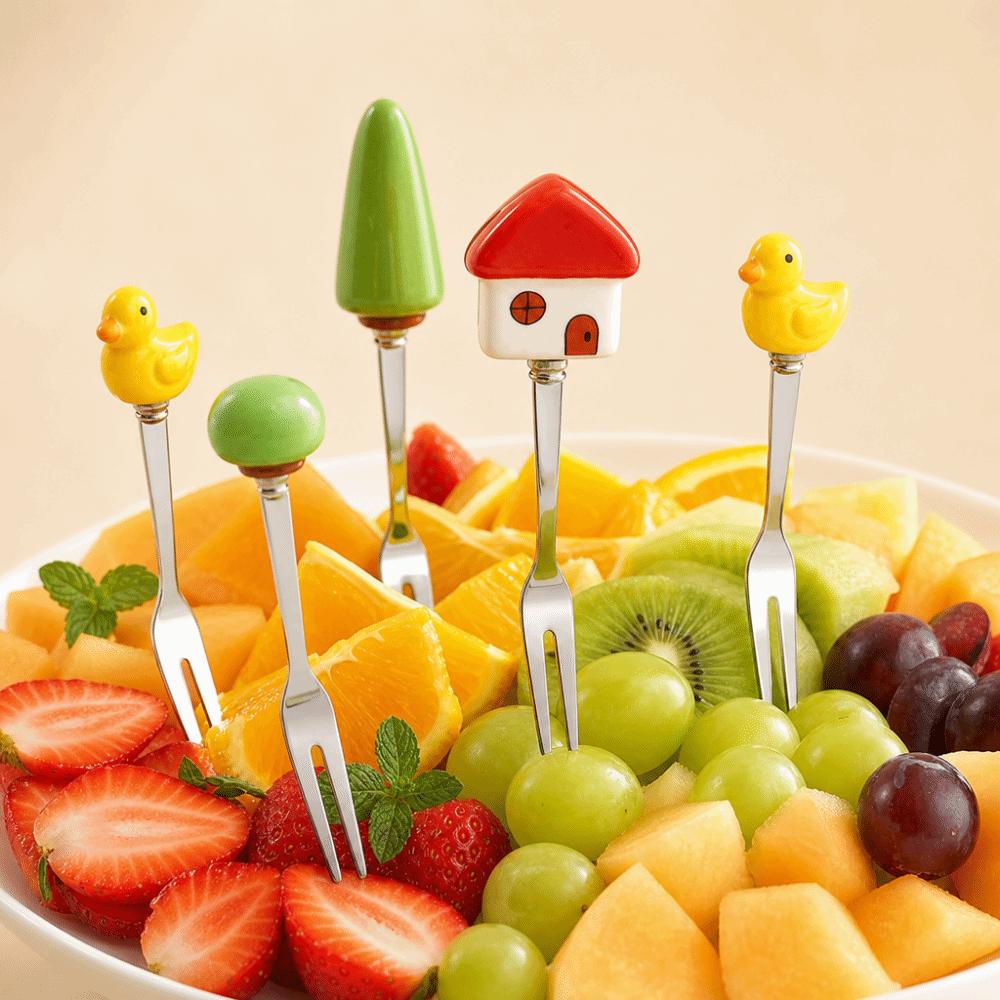 6Pcs Creative Stainless Steel Cake Fork Reusable Cute Fruit Forks Coffee Stirring