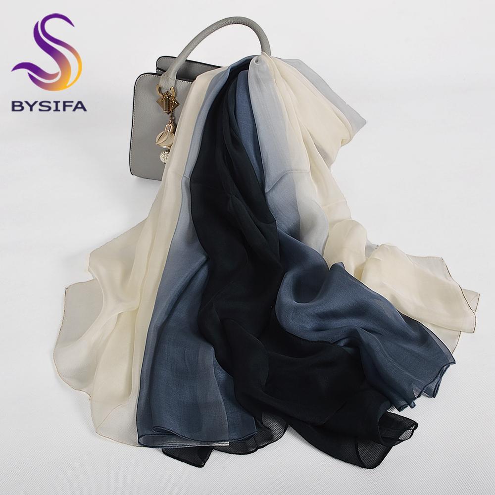 BYSIFA|Fall Winter 100% Silk Long Scarves Shawls Green Yellow Pink Grey Female Gradient Color Neck Scarf Summer Silk Scarf Cape