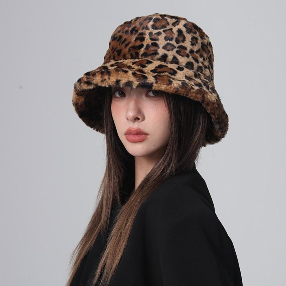 Windproof Leopard Print Bucket Hat Korean Style Fluffy Fisherman Caps  Autumn and Winter