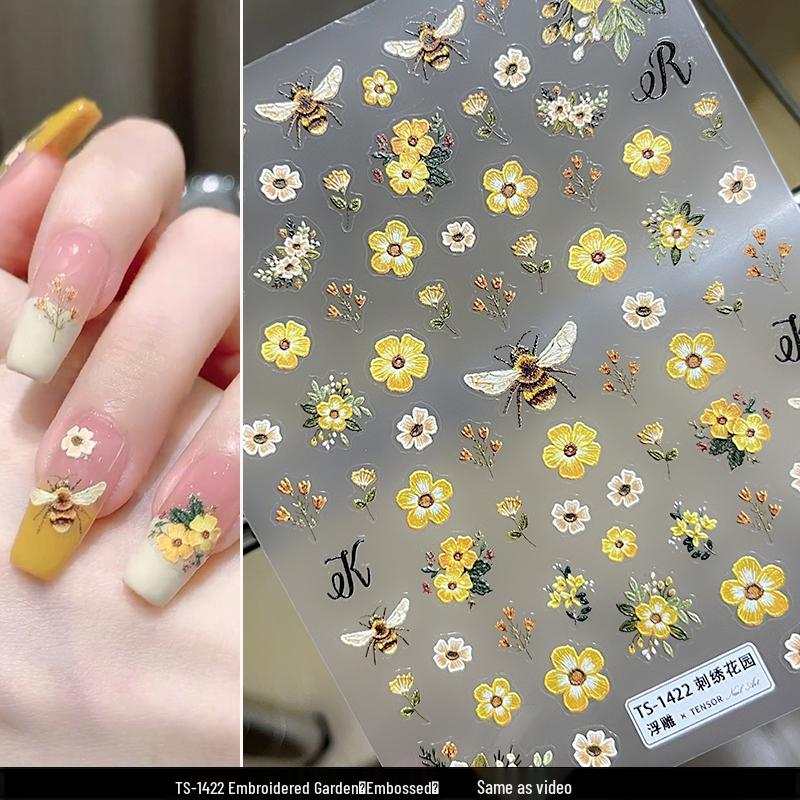 Bi & Gula Blommor Präglade Nagelklistermärken - Fräscha Broderade Trädgårdsdekaler