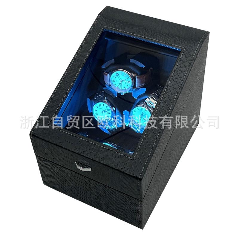In Stock Snake Skin Leather 3-Slot Automatic Watch Winder with Lid and 3 Storage Compartments, 5-Speed.