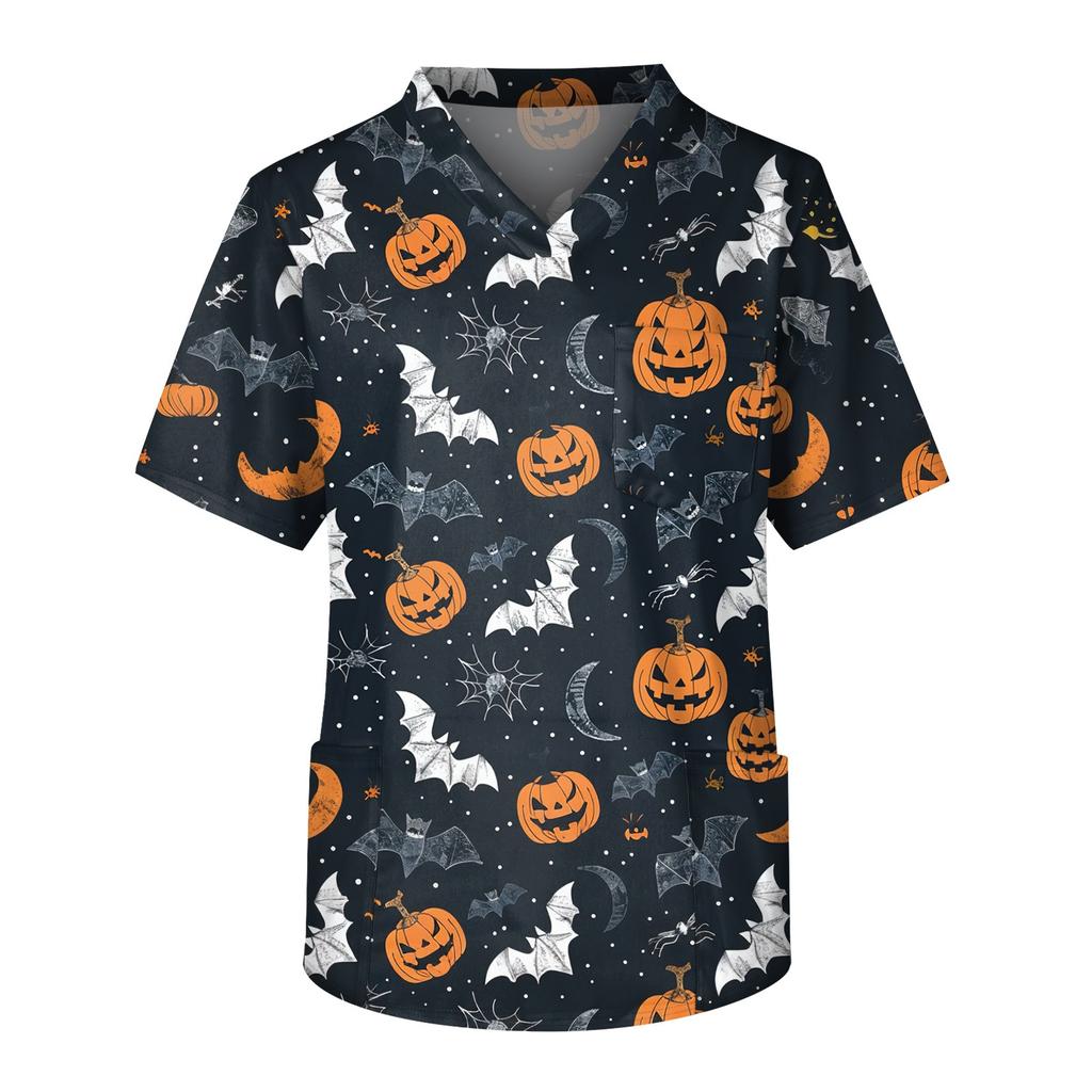 Top de îngrijire pentru bărbați cu mânecă scurtă, decolteu în V, imprimeu de Halloween, buzunar la piept