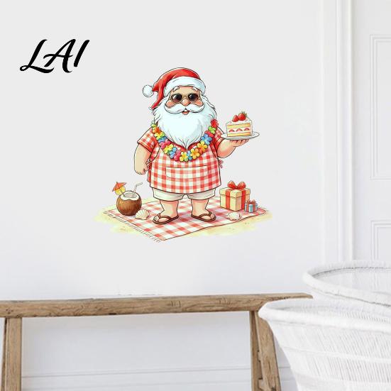 Festive Home Decor Christmas Picnic Santa Claus Wall Sticker Waterproof PVC Plaid Decal Mural Decals with Cake Design Removable Art for Holiday