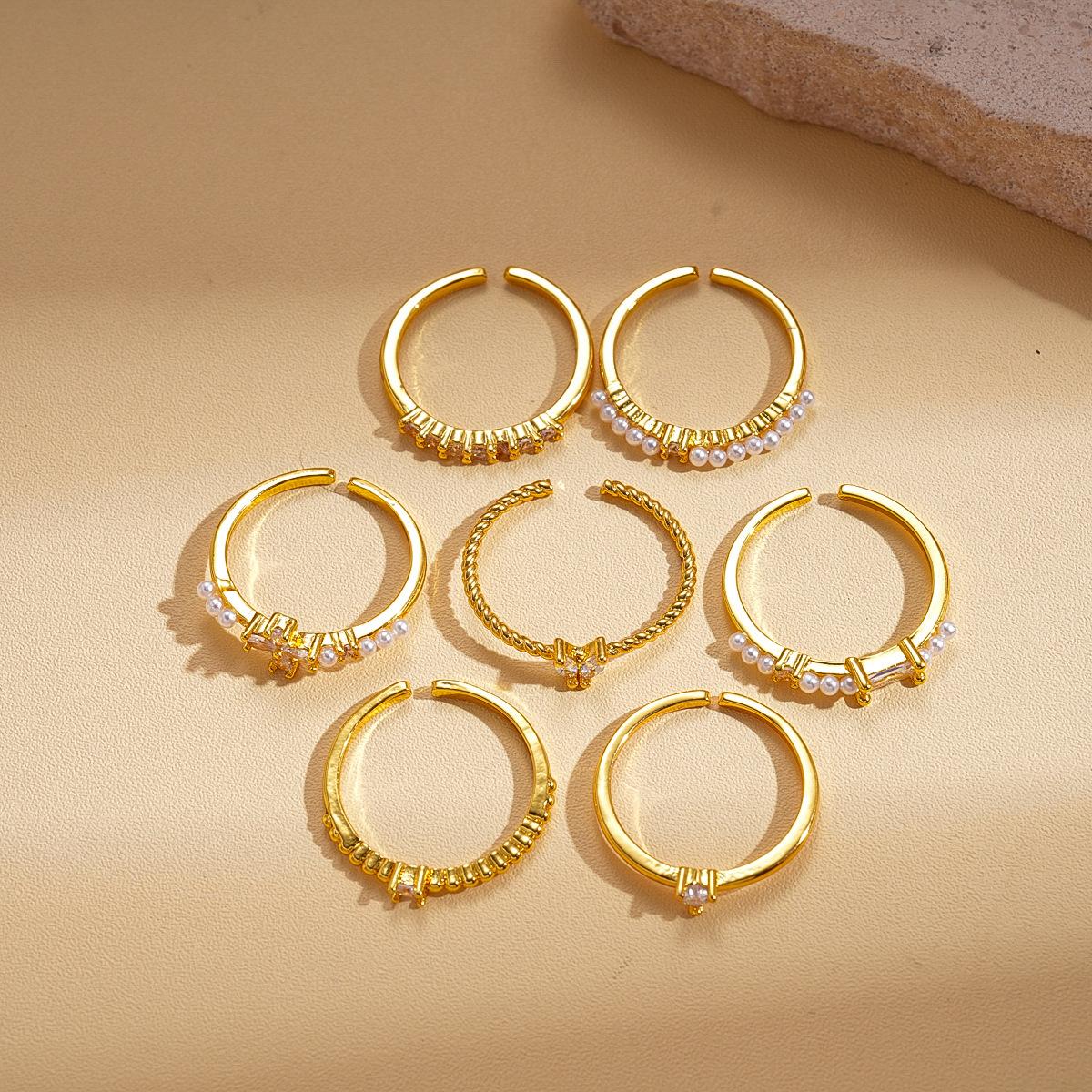 Seven-piece set of zircon imitation pearl geometric opening ring versatile commuter light luxury jewelry