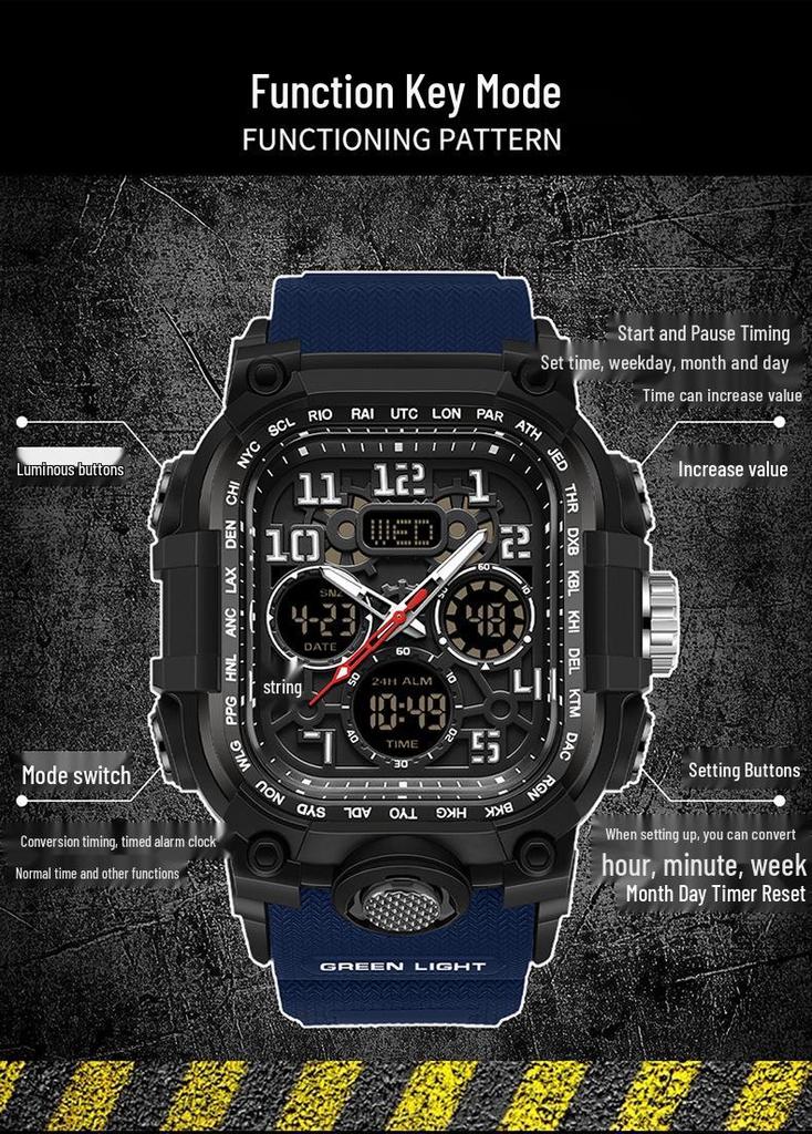 Sanda Men's Trendy Waterproof Multi-Functional Electronic Watches with Three-Time Zones for Casual Use