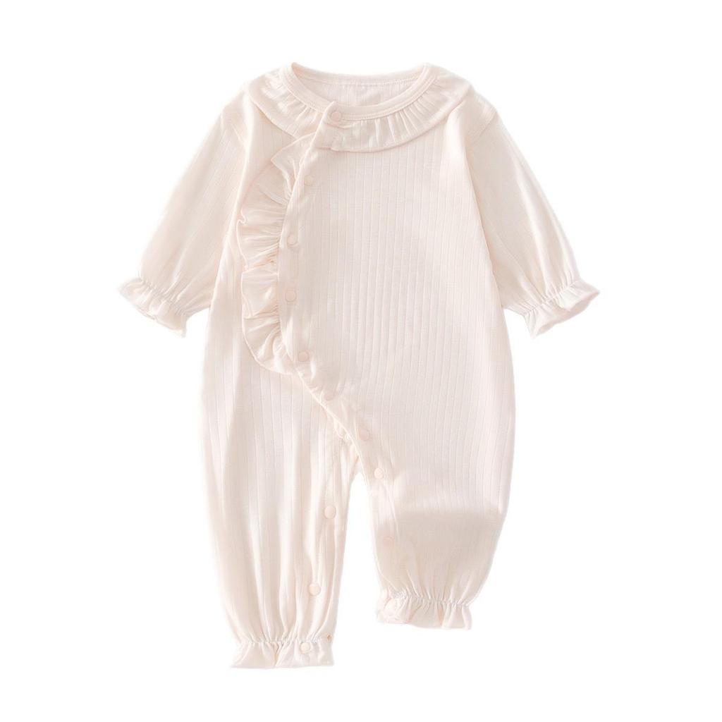 Lace Collar Romper for Newborn Girls - Summer Long Sleeve Pajamas for Air Conditioned Rooms