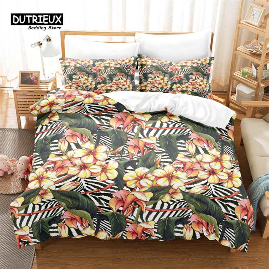 Cartoon Beautiful Flower Bedding Set, Leaf Duvet Cover Set, Soft Comfortable Breathable Duvet Cover, Bedroom Guest Room Decor