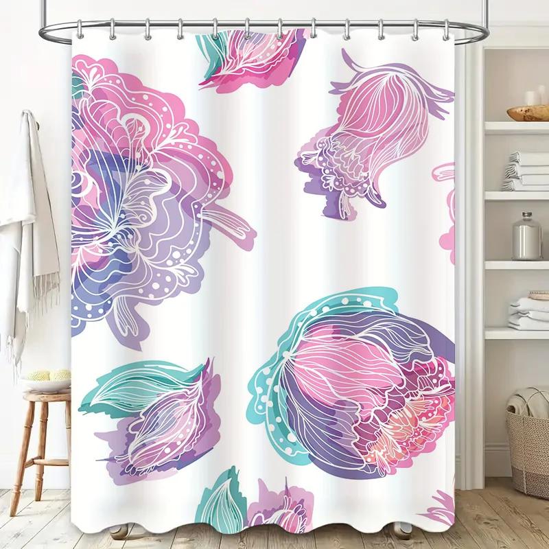 Bathroom Shower Curtain Set with Floral Print Decorative Waterproof Fabric for Home Decoration in Multicolored