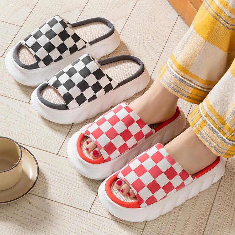 Four Seasons Linen Thick-soled Slippers Checkerboard Simple Home Non-slip Cool Slippers Couple Wooden Floor Mop
