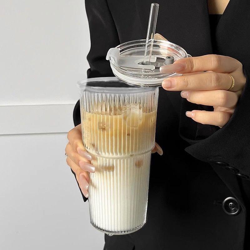 Vertical Stripe Glass Cup, Large Size with Lid & Straw - Ideal for Cold Drinks and Coffee.