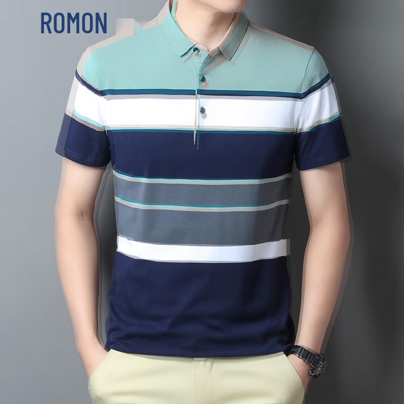 ROMON Men s Striped Lapel Polo Shirt M