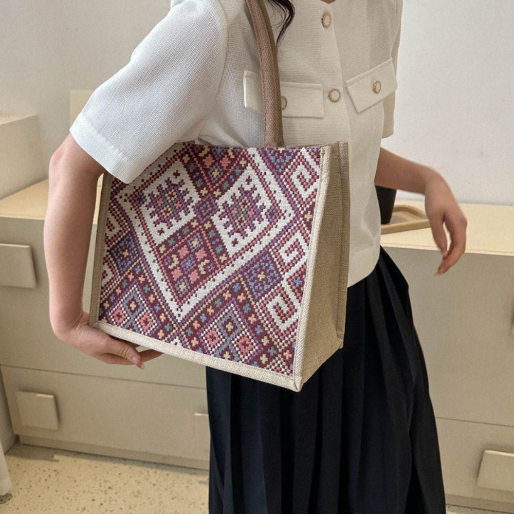 Tote Bag Geometric Cloth Bag Large Capacity Embroidery Shoulder Bag Ethnic Style Handbag Girls