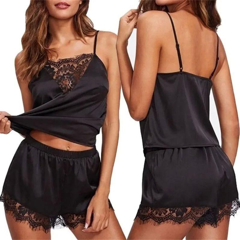 

Lace Camisole Shorts Pajama Set Lace Suspender Shorts Pajamas Suit Black L(L)