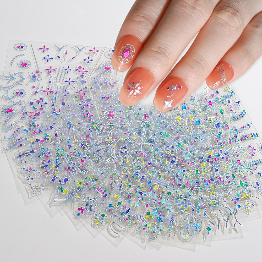 20pcs/Set 3D Laser Silver Nail Sticker Rhinestone Gems Star Jewelry Decals Holographic Design Manicure Slider DIY Nail Accessory