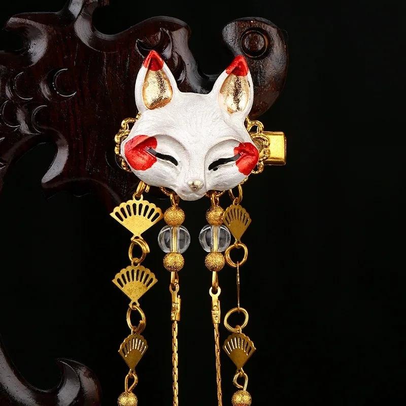 2024 Ancient Style Hair Accessories Han Elements Headwear Hanfu Accessories Cute Girl Fox Animal Tassels Ancient Hair Clip Pairs