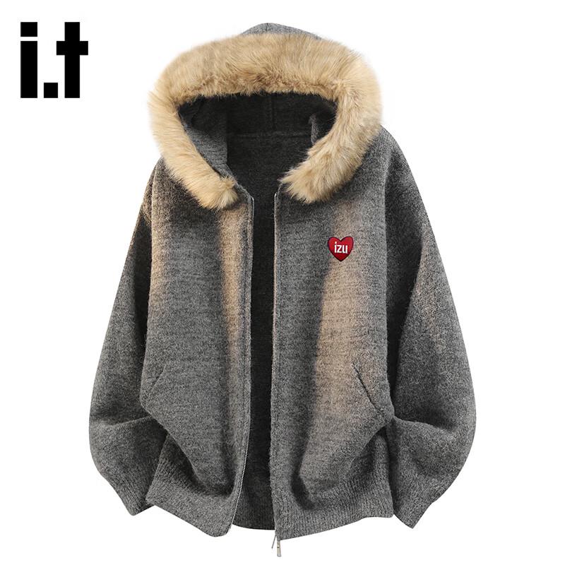 

Izzue American Style Hooded Cardigan with Faux Fur Collar 3XL