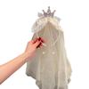 Vintage Lace Bow Veil Rhinestone Crown Headband for Girls