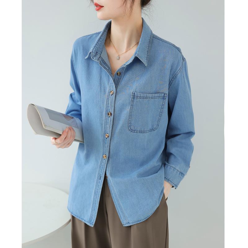 

Женская джинсовая куртка-рубашка синего цвета, новая коллекция осени 2024 года, корейский ретро-дизайн в стиле Гонконга Extra Large светло-синий